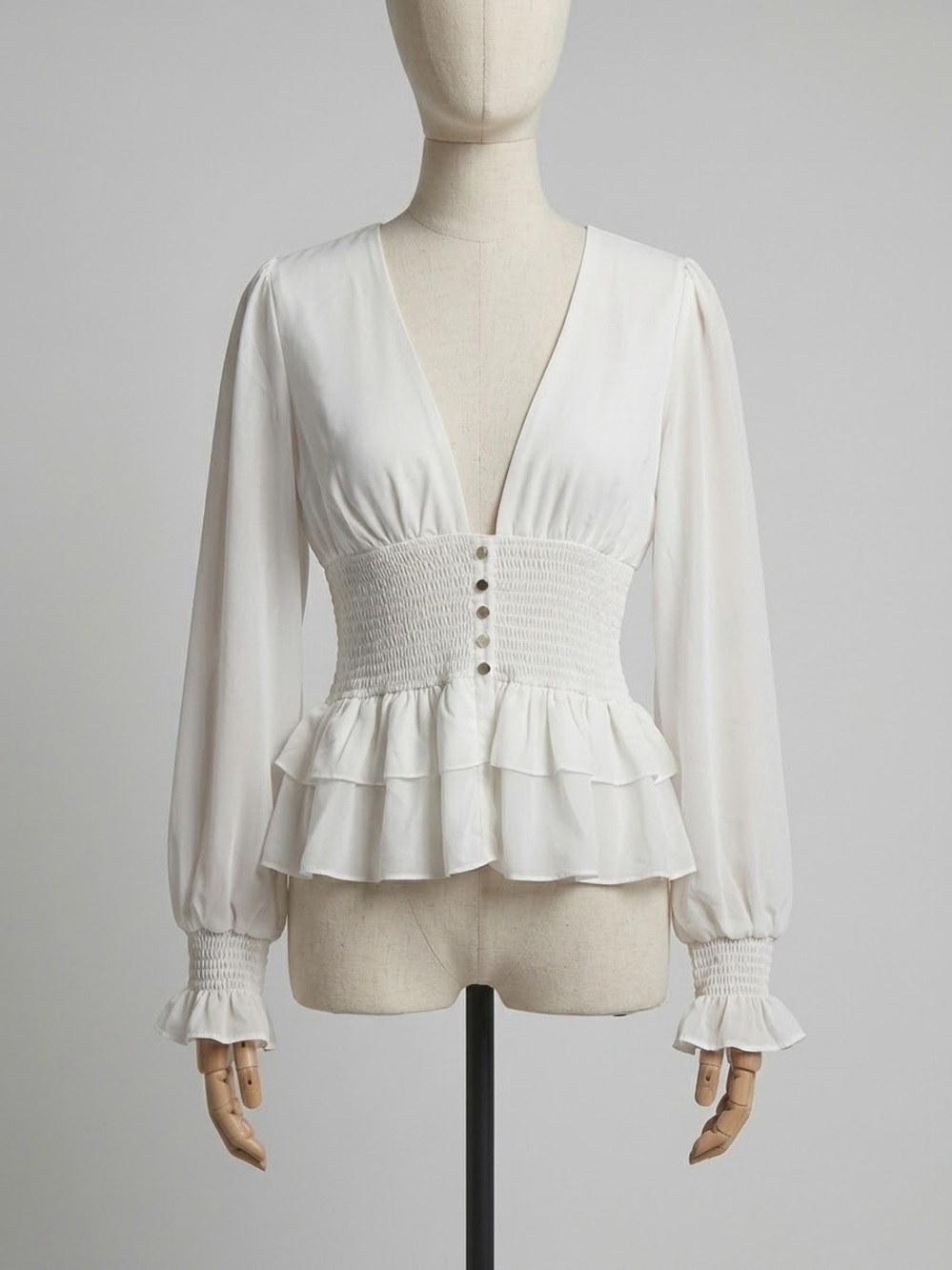 Fashion Nova White Smocked Waist V-Neck Ruffle Peplum Blouse, New